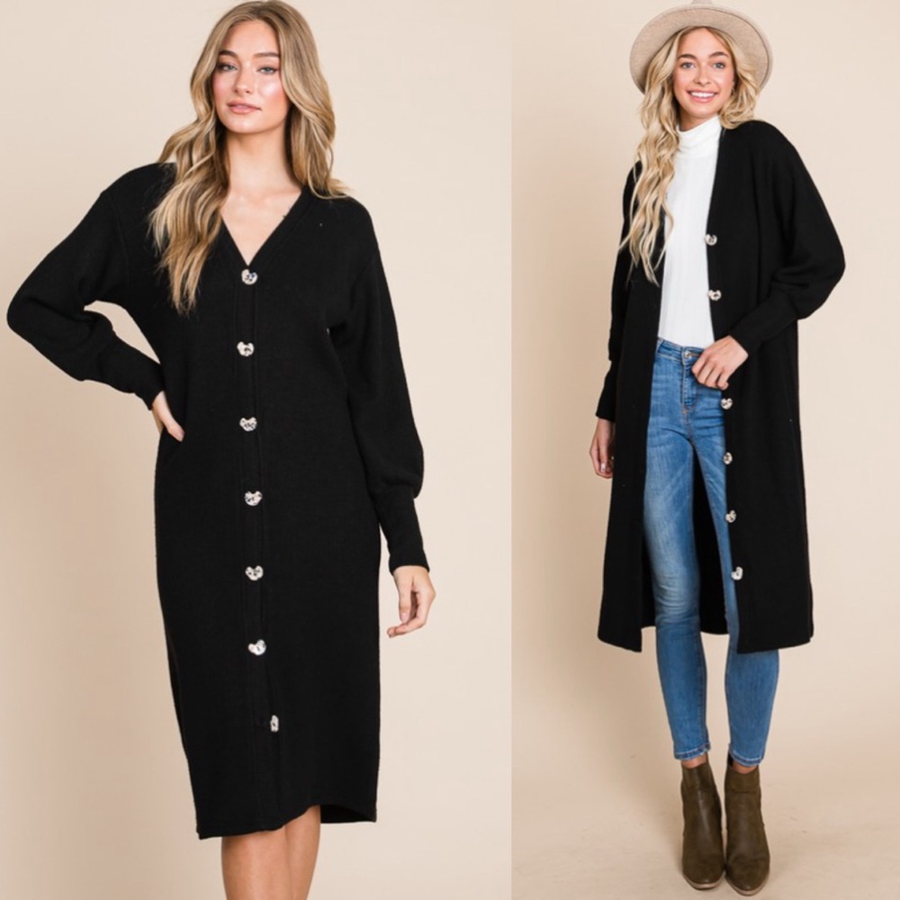 NEW! Luxe Ribbed Black V Neck Button Down Longline Cardigan/Midi Sweater Dress!